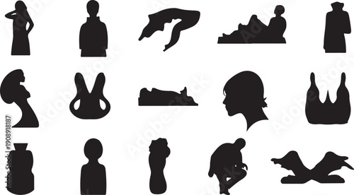 Collection of various black silhouettes on white background icons