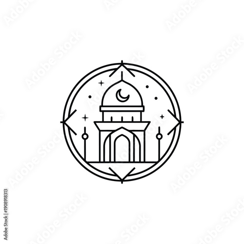 “Minimal black line art Ramadan symbol icon, Islamic spiritual concept inside circular badge outline, clean monoline vector style, thin consistent stroke, geometric balanced design, outline only no fi
