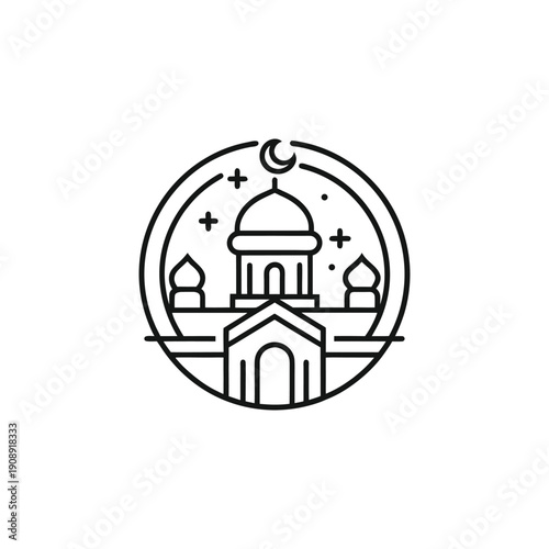 “Minimal black line art Ramadan symbol icon, Islamic spiritual concept inside circular badge outline, clean monoline vector style, thin consistent stroke, geometric balanced design, outline only no fi