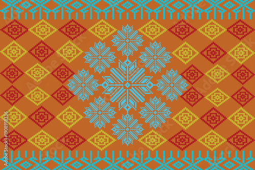 Seamless ethnic pixel pattern inspired by traditional tribal weaving. Warm brown, red and yellow diamonds with blue floral medallion center. Perfect for textile, fabric, wallpaper and boho design.