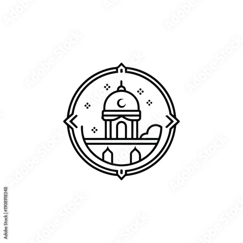 “Minimal black line art Ramadan symbol icon, Islamic spiritual concept inside circular badge outline, clean monoline vector style, thin consistent stroke, geometric balanced design, outline only no fi