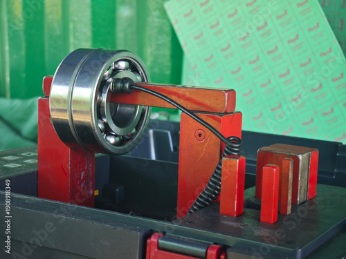 Ball bearing being heated on an induction heater for proper installation, demonstrating industrial maintenance procedure, thermal expansion process, and precision mechanical assembly in workshop.