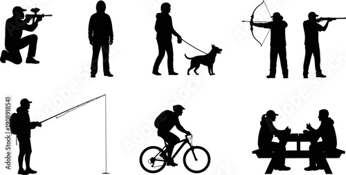 Outdoor activity silhouettes, hunting fishing cycling dog walking scenes, isolated black vector illustration lifestyle set