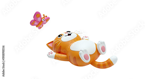 Cute cartoon orange cat playing with a pink butterfly