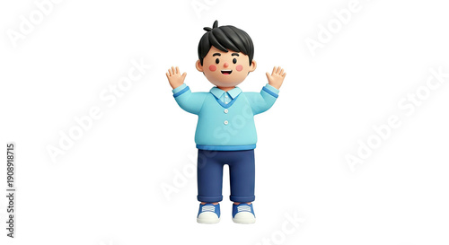 3D Cartoon Boy Waving with Both Hands