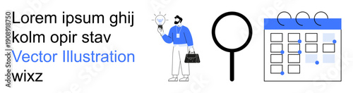 Business strategy, idea generation, productivity, time management, scheduling, creative solutions. Person holding a lightbulb, magnifying glass and calendar. Idea generation and time management