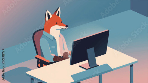 Illustration Of A Fox Wearing A Casual Shirt, Adjusting The Height Of A Work Chair And Monitor Vector Design Template