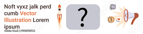 Innovation, marketing, finance, promotion, technology, business strategies. A rocket, question mark and megaphone with icons. Innovation and marketing conveyed through dynamic visual elements