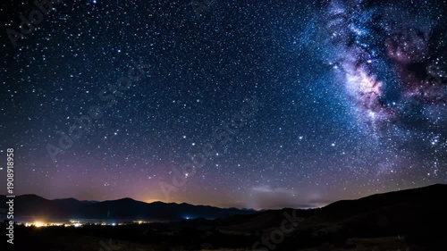 Nighttime landscape with a starry sky and the milky way visible over mountains and a city