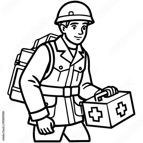Caring Army Medic Soldier with First Aid Kit, Symbolizing Help and Support, Flat Vector Illustration