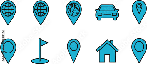 Blue navigation and location icon set vector illustration with map pins car home and globe symbols for app interface