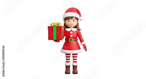 3D Cartoon Girl in Santa Outfit Holding a Gift