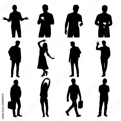 Professional and Casual People Silhouettes with Bags and Coffee