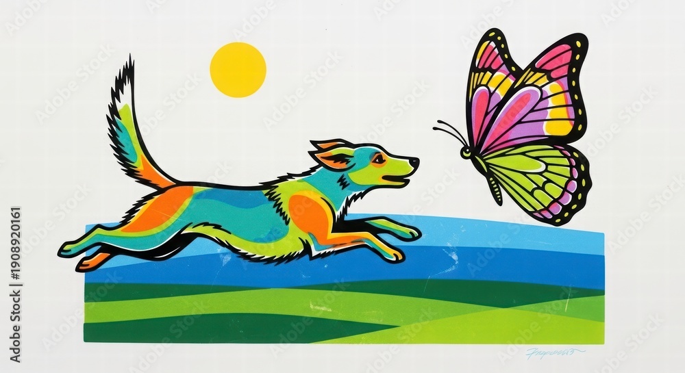Obraz premium Dog and Butterfly: An artistic representation of a playful dog joyfully chasing after a vibrant butterfly, set against a cheerful backdrop of sun and grass.