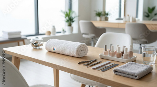 Spa treatment table with rolled white towel, nail polish bottles, manicure tools, and glass of water in a modern salon setting with natural light