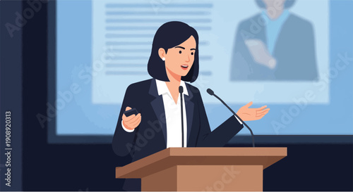 A confident businesswoman delivers a presentation to a large audience from behind a podium on a stage