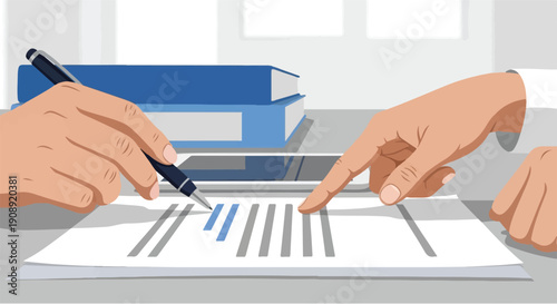 Two hands collaborating on a financial report with charts and graphs, symbolizing teamwork and business analysis