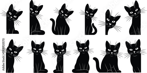 Black cat silhouettes collection, cute feline icons, spooky animal figures, halloween decoration, whiskered pet shapes, isolated vector illustration design