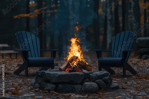 Two chairs sit by a stone fire pit in a dark, autumn forest scene. Evokes feelings of camping, quiet relaxation, and enjoying nature.