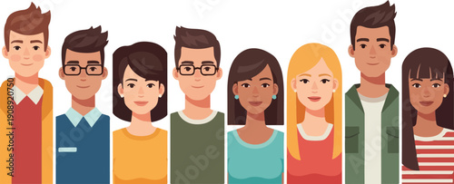 A vibrant and inclusive collection of diverse multi-ethnic cartoon avatars, showcasing a friendly group of men and women representing modern community and social connection