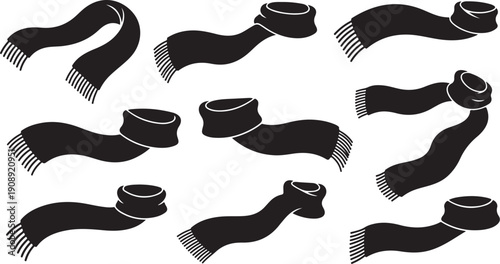 Collection of black scarves with fringes in various poses