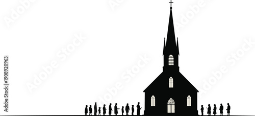 Church silhouette illustration showing people gathering outside chapel, faith community worship religion spirituality tradition congregation belief unity hope prayer devotion