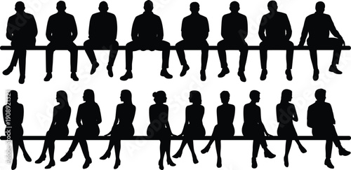 Silhouette group of men and women sitting on a bench in two rows people