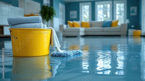 A yellow bucket with towels and mop sits on a flooded floor indoors. Useful for illustrating home disasters, repairs, or water damage claims.