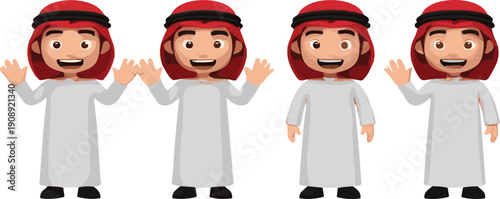 Cartoon Arab boy character vector illustration with traditional clothing smiling Middle Eastern kid avatar collection design