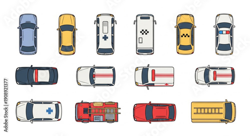 Top view of various city cars, ambulances, fire trucks, and taxis on a white background.