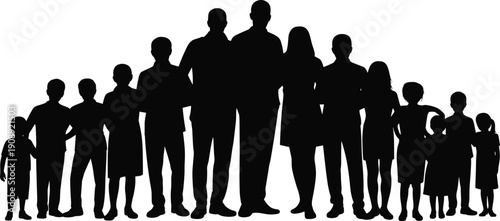 Silhouette of a diverse family group standing together with children and adults Keywords: silhouette, family, group, people, man