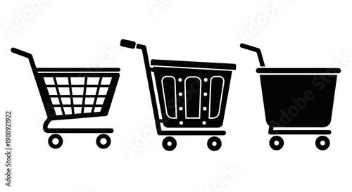 A set of three minimalist shopping cart icons in black silhouette on a white background