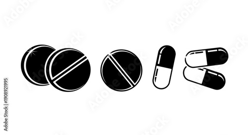 A set of black and white vector graphic pills and capsules in a flat design style