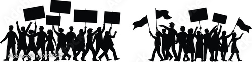 Silhouettes of a crowd protesting with signs and flags on white background untitled