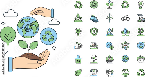 Sustainability, environment, eco-friendly, recycling, renewable energy, clean planet, green living, conservation, climate action, ecological responsibility, nature protection, flat vector illustration