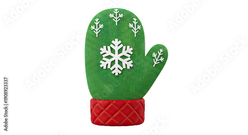 Green Knitted Mitten with Snowflake Design and Red Cuff