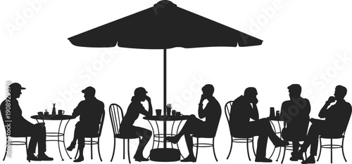 Silhouettes of people sitting at tables under an umbrella on white background vector illustration