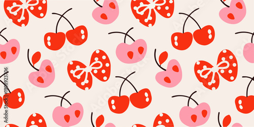 A repeating pattern of red and pink cherries with stems and leaves