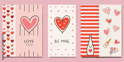 Valentine s day cards with hearts champagne and romantic messages