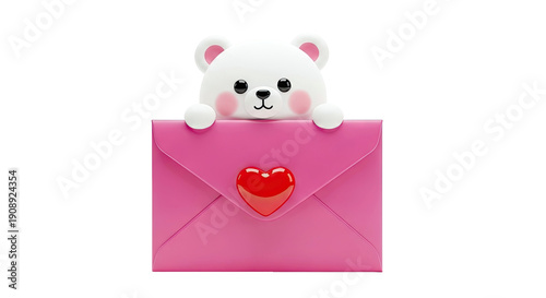 Cute White Bear Peeking Over a Pink Envelope with Heart