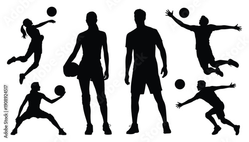 Volleyball silhouettes set, player action poses with ball, serving, spiking and blocking scenes, sport competition symbols, beach and indoor game elements, clean black vector illustration isolated.