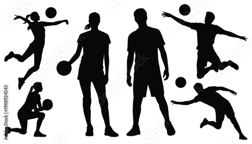 Volleyball silhouettes collection, men and women jumping and diving for the ball, match and training poses, athletic activity graphics, minimal shadow style, professional vector design.