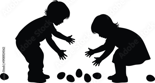 Children Silhouettes Picking Up Stones on Ground