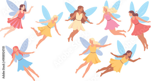 Flying fairy girls illustration set, magical fantasy women with wings, pastel flat style characters isolated on white background