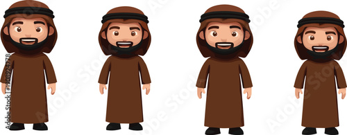 Cartoon vector illustration set of traditional Arab man characters wearing robe and headscarf in different poses and expressions