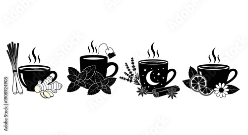 A set of four steaming tea cups with various herbs and spices in a minimalist black and white illustration