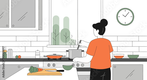 A person in an orange shirt is cooking in a modern kitchen with a window overlooking trees.