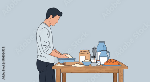 A man is preparing ingredients on a wooden table to bake bread, with flour, milk, and a whisk visible.