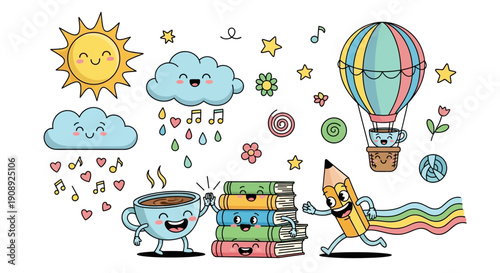A whimsical collection of cute cartoon characters including a smiling sun, happy clouds, a coffee cup, a stack of books, and a running pencil with a rainbow trail.