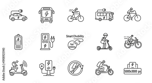 Smart chobility and fast emissions concept with outline icons of electric cars buses bicycles scooters and charging stations
